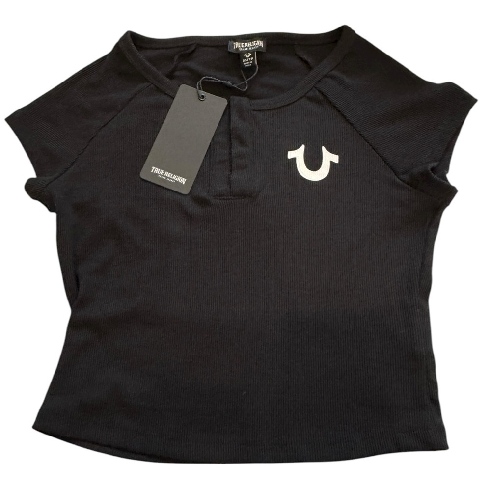 True Religion Printed Horseshoe Raglan Cap sleeves Jet Black Baby Tee